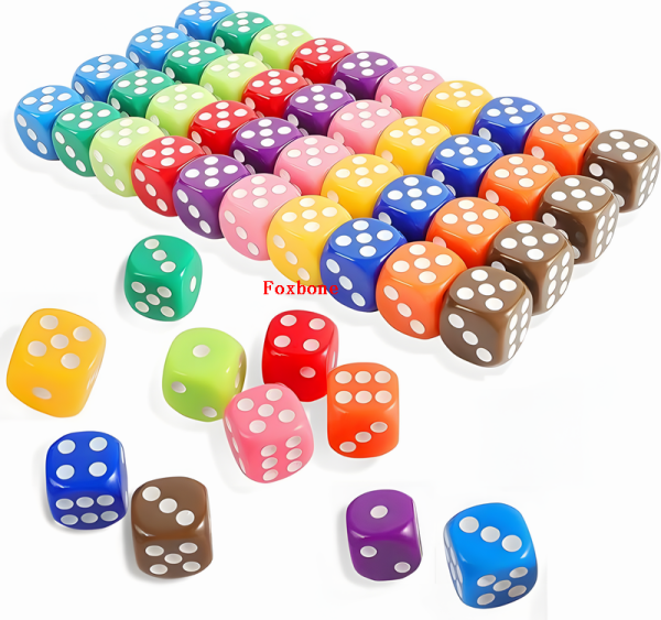 DICE SOURCE FACTORY 16MM STANDARD 6 SIDED DICE SET, 50 PIECES COLORFUL DICE FOR BOARD GAMES, CLASSROOM MATH BULK GAME DICE, MAKE ENTERTAINMENT MORE EXCITING